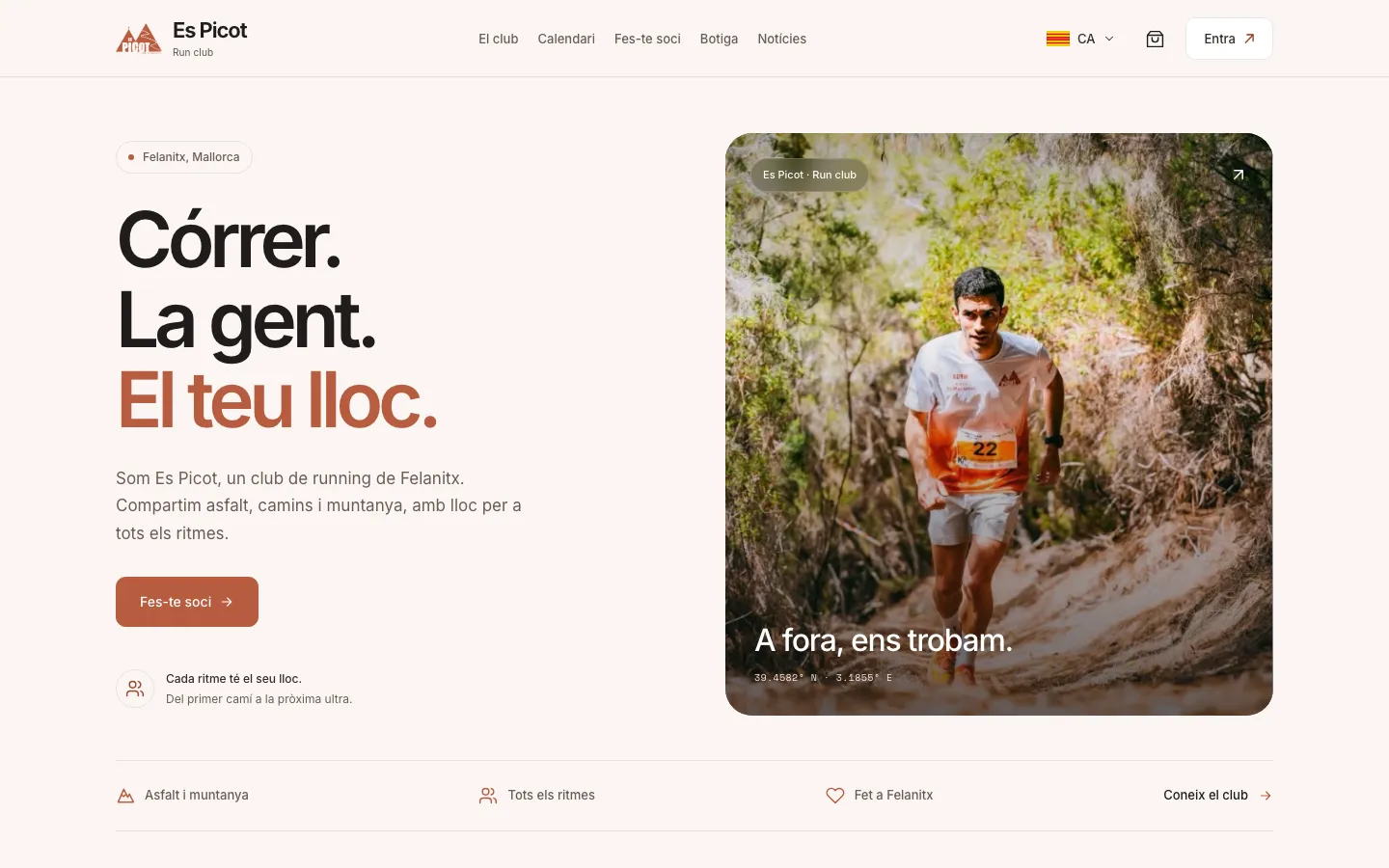 Es Picot run club homepage with a trail runner photo