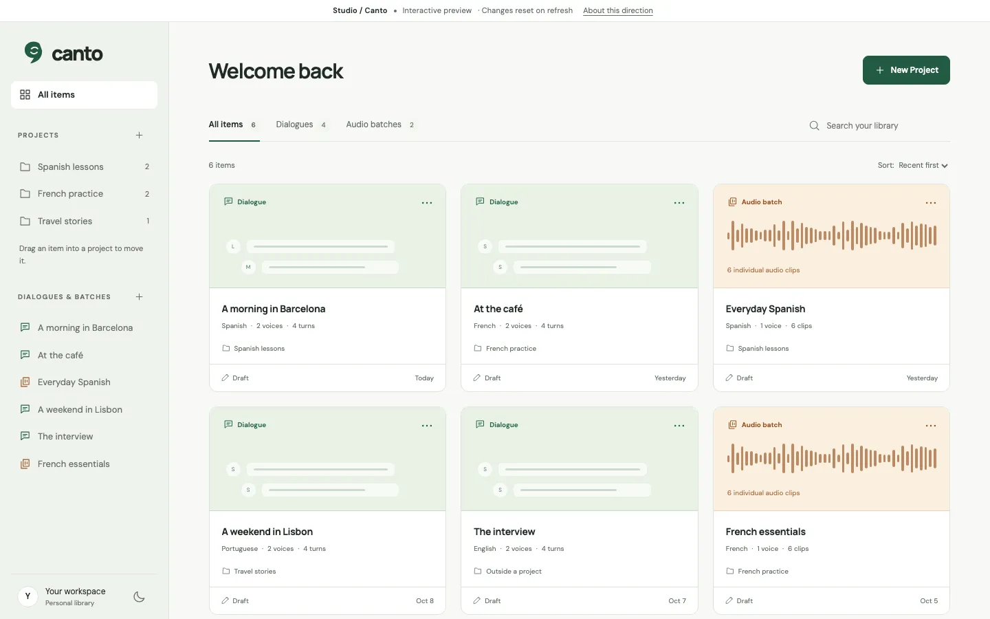 Language Dialogue studio library with dialogue and audio batch cards