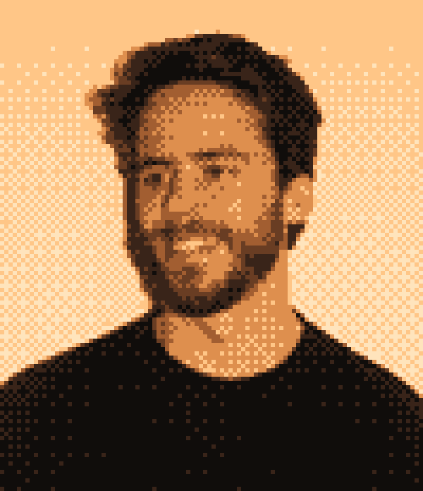 Pixel-art portrait of Pere Manresa in warm orange tones